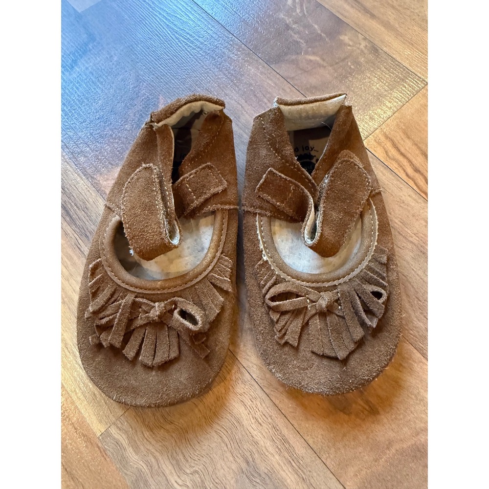 Livie Luca Brown Suede Moccasin Baby Shoes‎ Size 18 24 Months Fringe Bow walker